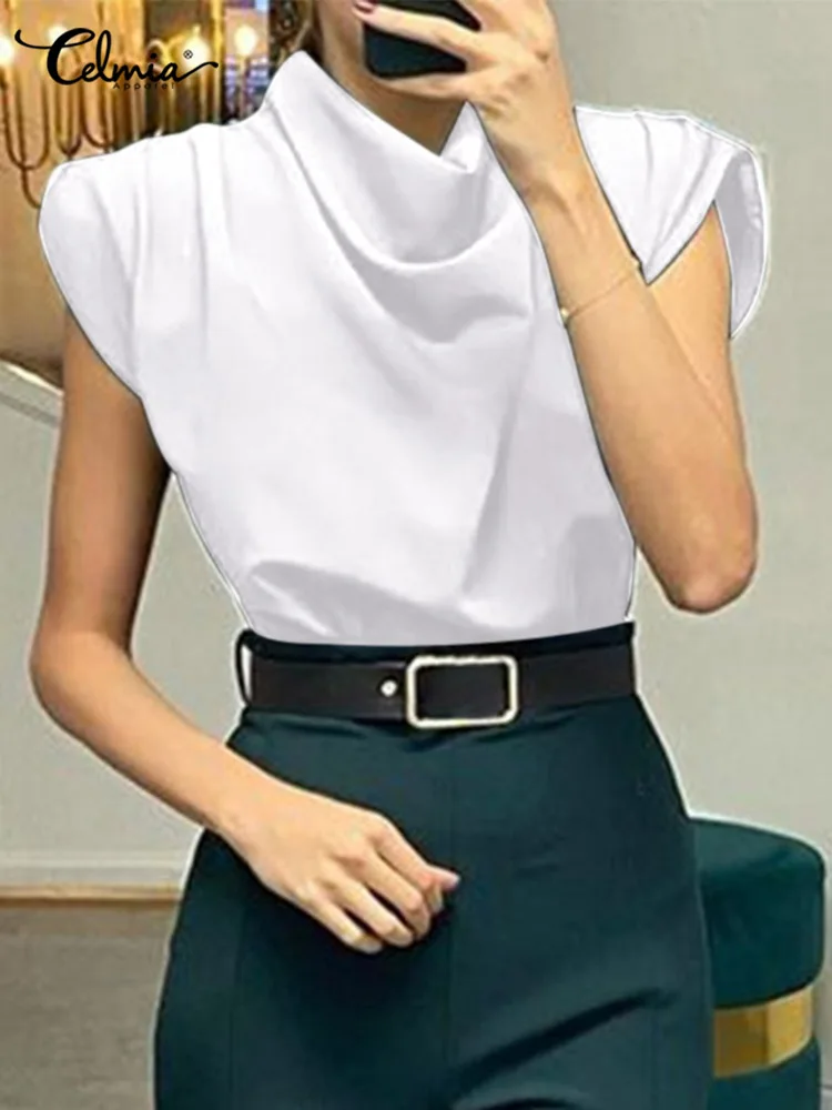 

Celmia Pressed Pleats Pile Collar Blusas Summer Elegant Blouses Sleeveless Chic Thin Tunic Fashion Solid Color Women Tank Tops