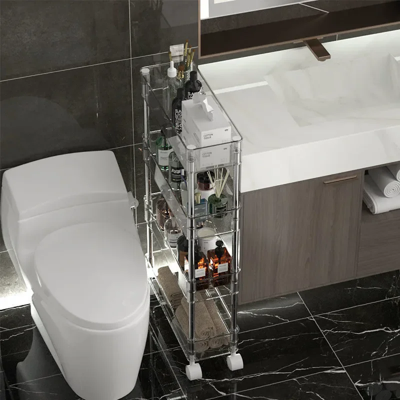 

Новая подвижная полка для туалета, прозрачная акриловая полка для ванной, напольная стойка для ванной, стойка для хранения на колесиках, Орг...