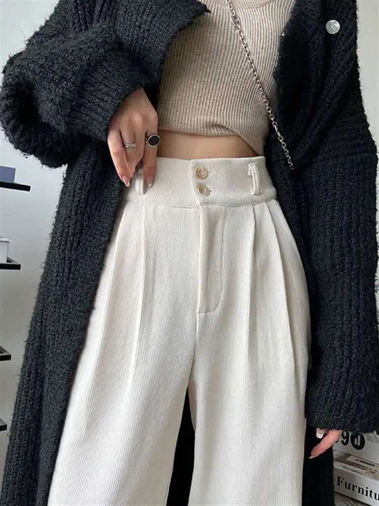 

Beige Chenille wide leg pants for women in autumn and winter, plush, high waist, casual, small, straight tube Corduroy pants