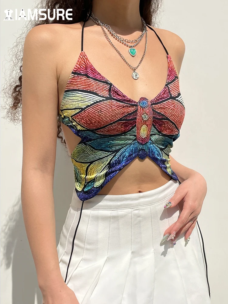 

IAMSURE Sexy Backless Butterfly Shape Halter Top Holiday Beach Style Sleeveless Bandage Crop Tops Women 2022 Fashion Ladies