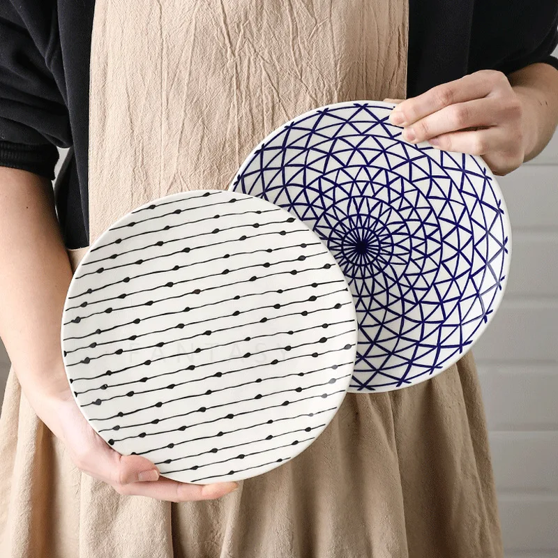

Керамические обеденные тарелки с геометрическим узором в скандинавском стиле, цветные кухонные тарелки и тарелки ручной росписи, наборы тарелок для суши
