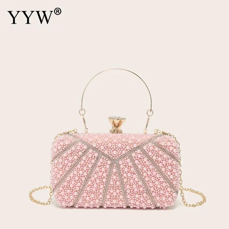 

Pink Pearls Female Bags Diamonds Wedding Evening Bag Ladies Shoulder Luxury Handbags Evening Party Glitter Shiny Purse 2024 New