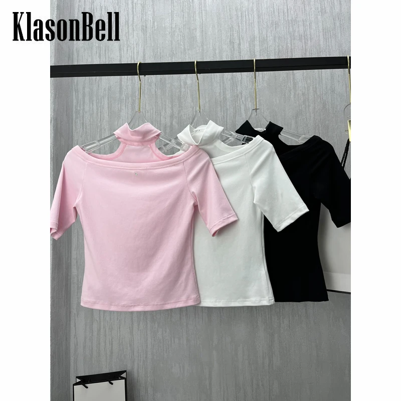

4,22 KlasonBell Сексуальная однотонная короткая футболка с открытыми плечами Модная тонкая трикотажная футболка для женщин 3 цвета