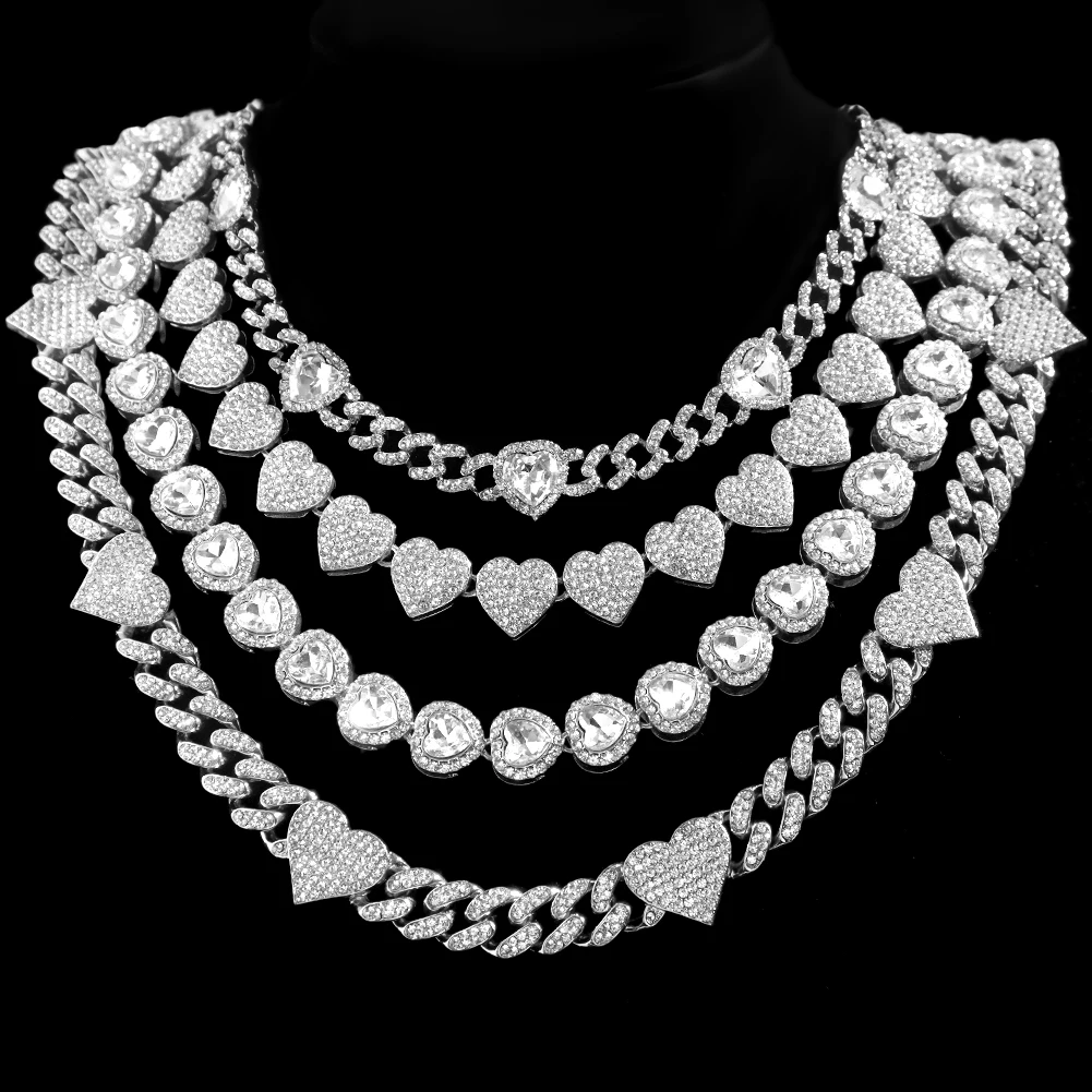 Iced Out Hip Hop Heart Cuban Link Chain For Women Micro Rhinestone Paved Cuban Choker Necklace Set Fashion Jewelry High Quality