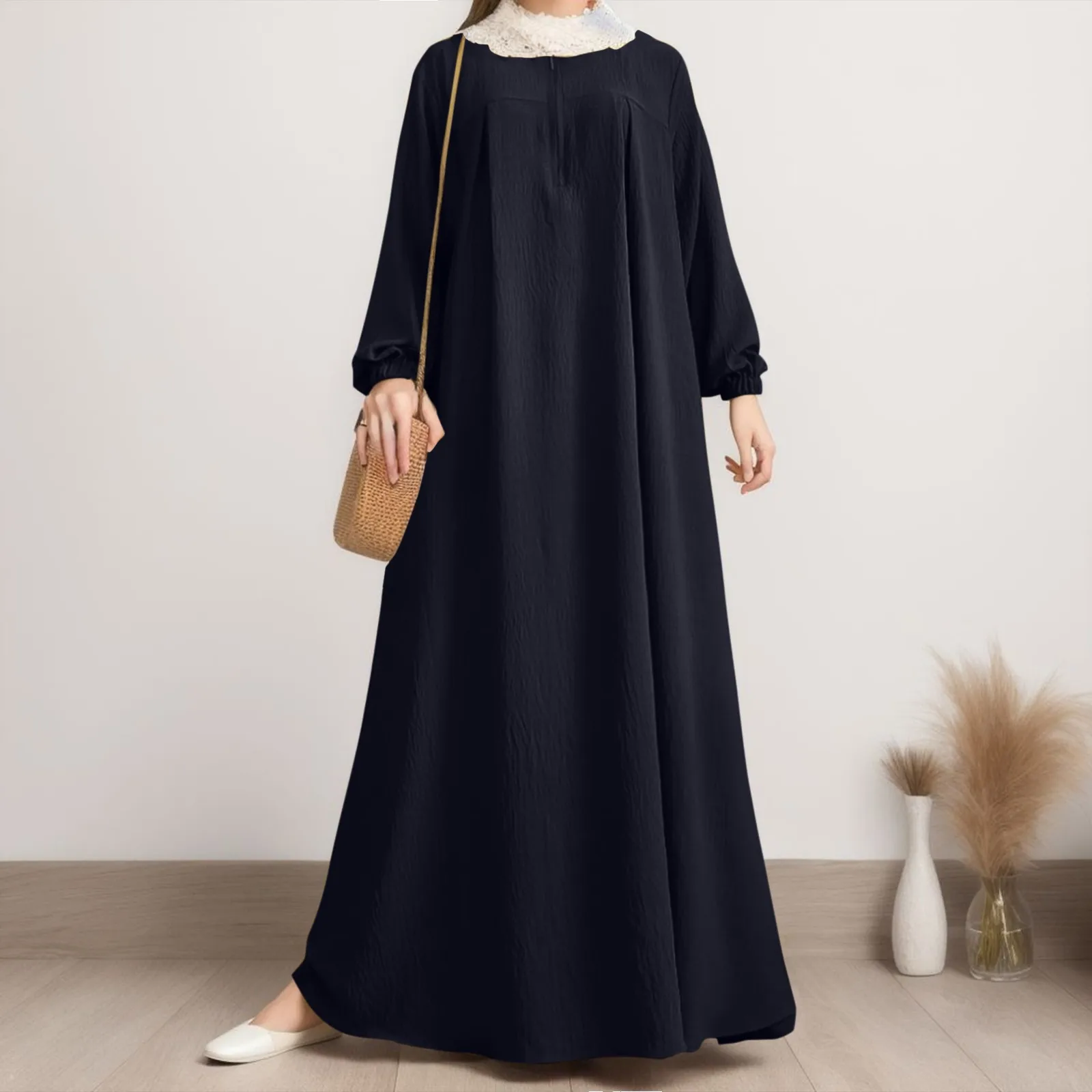 

women's muslim long sleeve dress vintage pullover abaya prayer clothes womens midi casual dresses
