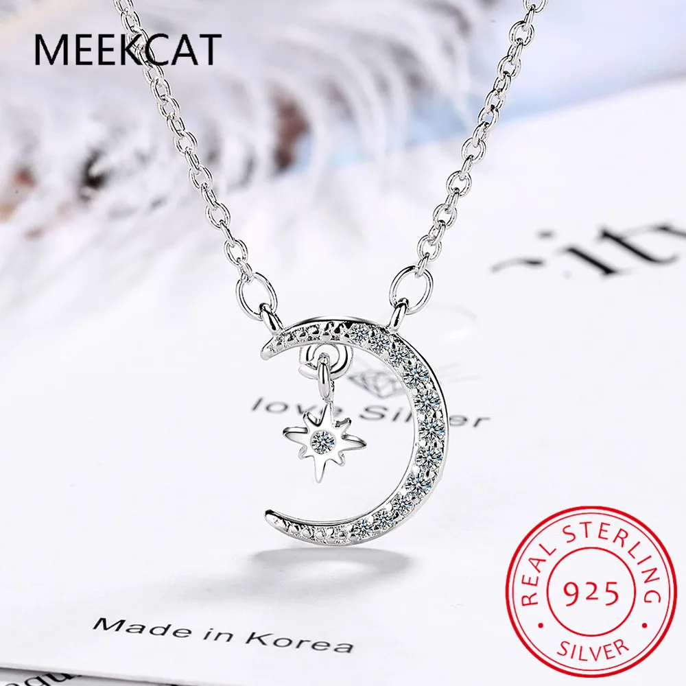 Настоящее серебро 925 пробы модное колье-чокер с милой луной и звездой CZ для женщин