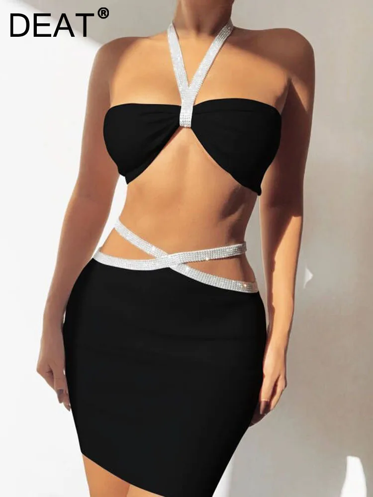 

DEAT Fashion Sexy Design Slip Strapless Design Hip Wrap Skirt Party Suit Slim Patchwork Sequins New Women's 2023 Spring 13DB126