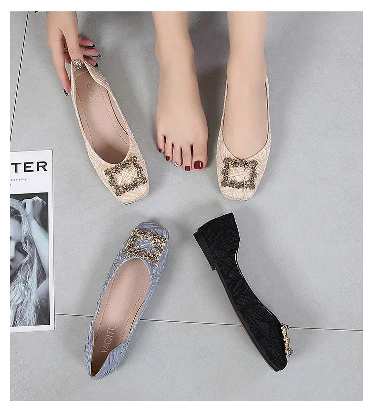 Top Selling High Quality Big Size 41-44 Fashion Rhinestone Buckle Women Party Pumps Shoes Flat Shoes Ladies