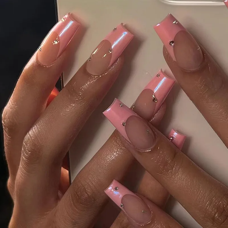 

JP1564 Pink French Nails Set Press on Coffin Faux Ongles with Designs
