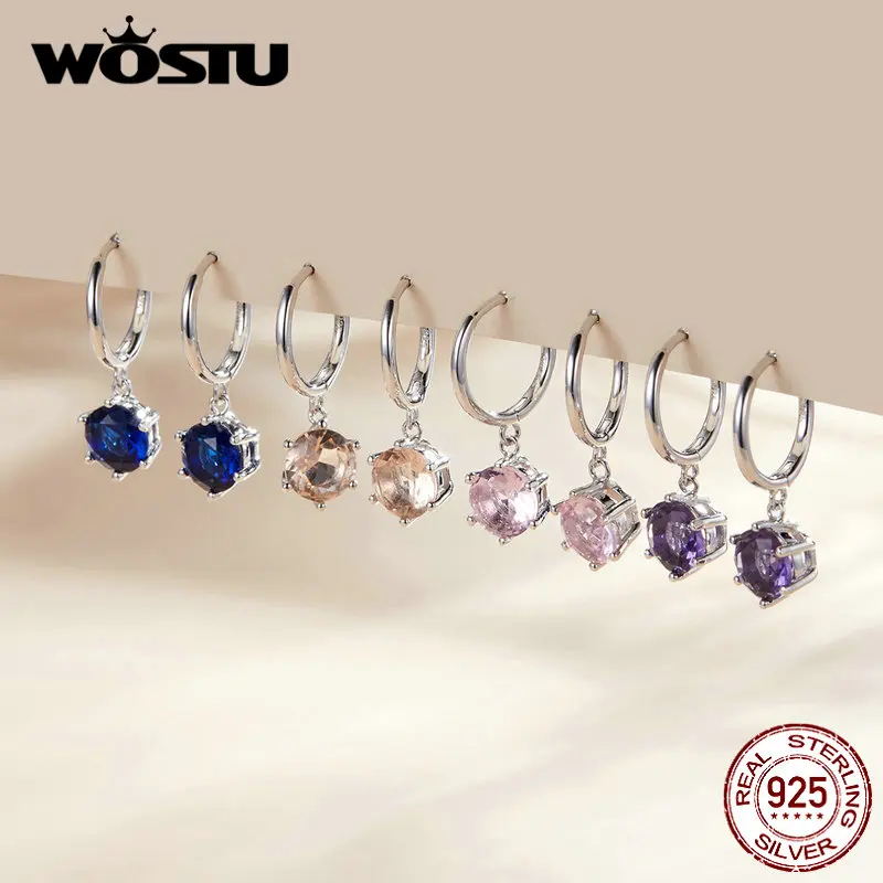 

WOSTU 925 Sterling Silver Water Drop & Heart & Round Earrings Shining CZ Dangle Earrings For Women Luxury Jewelry Gift