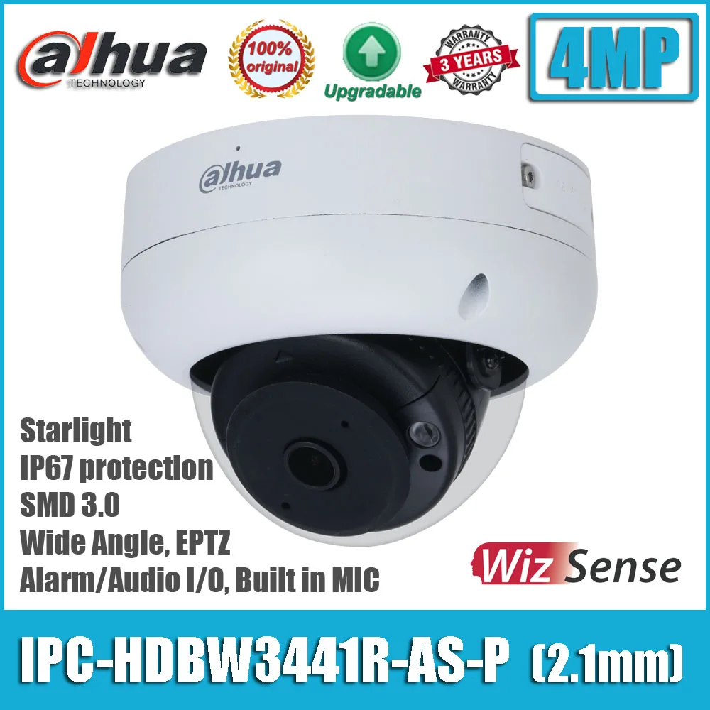 

Original Dahua IPC-HDBW3441R-AS-P 4MP POE Wide Angle IP67 Built in MIC EPTZ Fixed Dome WizSense Network Camera HDBW3441R-AS-P