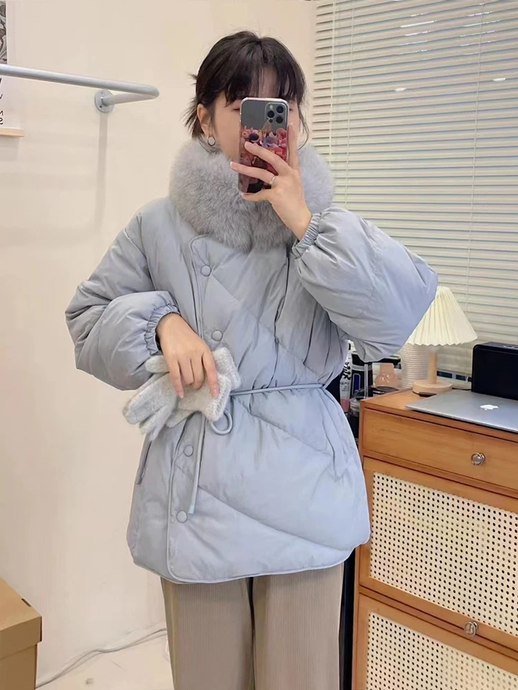 

Fitaylor Winter Women White Duck Down Coat Lady Large Real Fur Collar Stand Collar Button Coat Casual Thick Warm Puffer Outwear