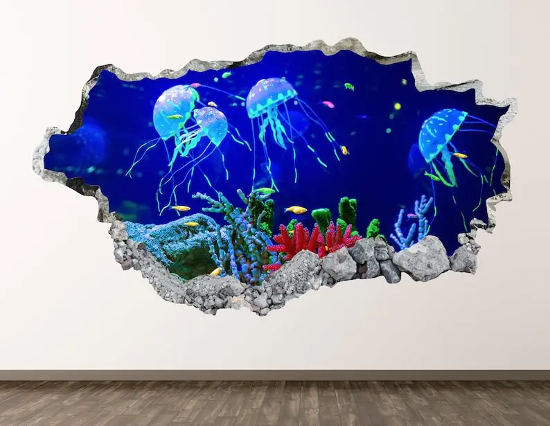 

Jellyfish Aquarium Wall Decal - Animal 3D Smashed Wall Art Sticker Kids Room Decor Vinyl Home Poster Personalized Gift KD623