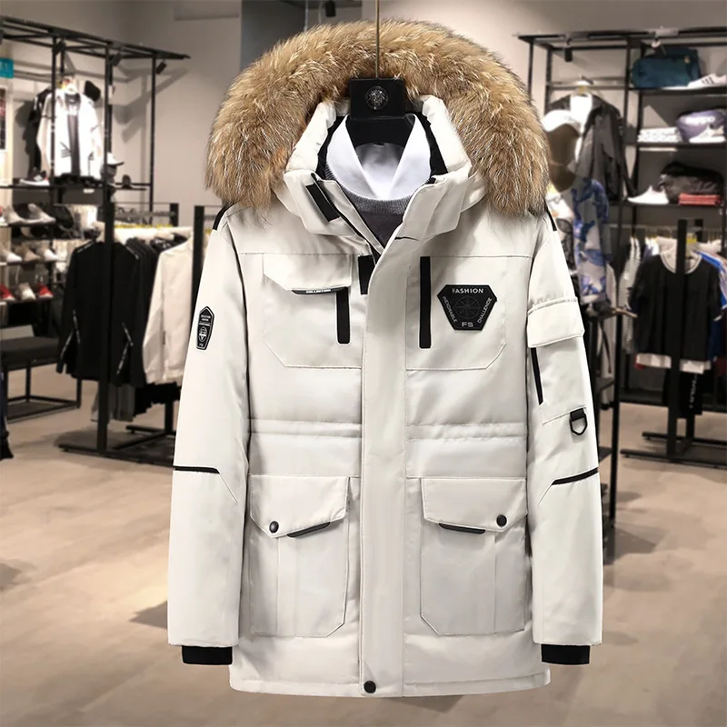 New winter tooling explosion cotton coat couple trend in long thickened white duck down warm fur collar down jacket men