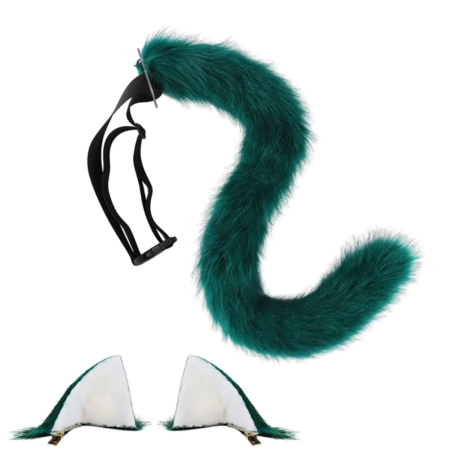 Plush Cat Ear Hair Clip and Tail Set, Anime Cosplay Long Tails Headwear for Women Girls, Masquerade Dress up, Birthday Costume