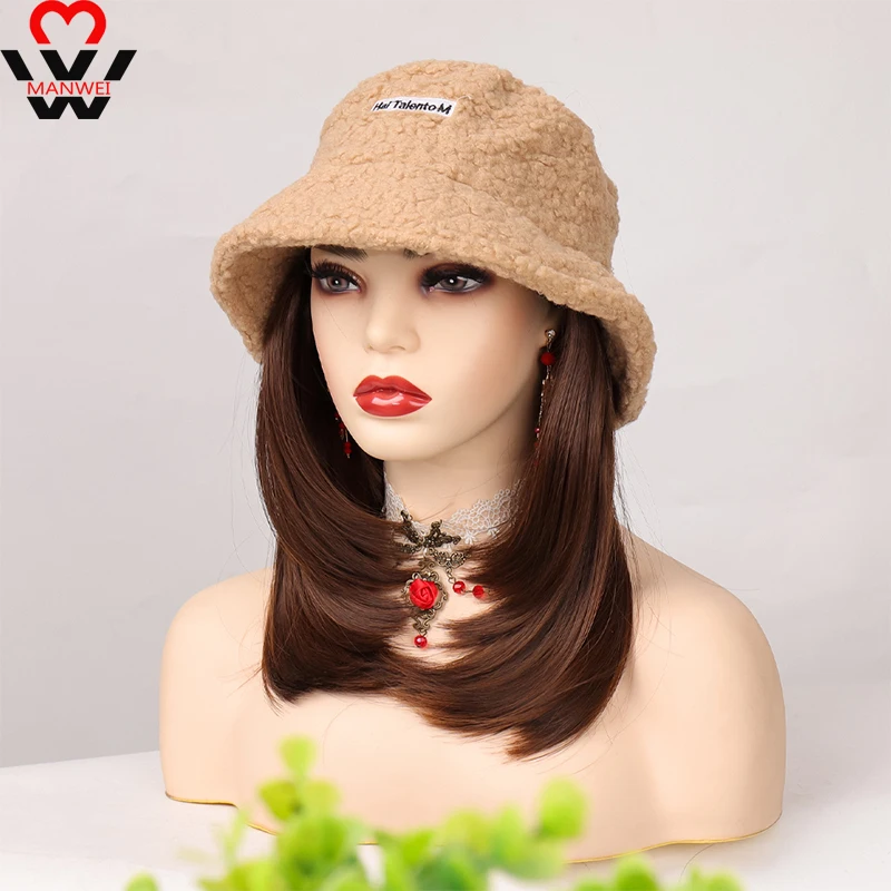 

Синтетическая Панама с широкими полями MANWEI, парик из волос черного, коричневого цвета, длинные прямые волосы, зимняя теплая шапка для женщин