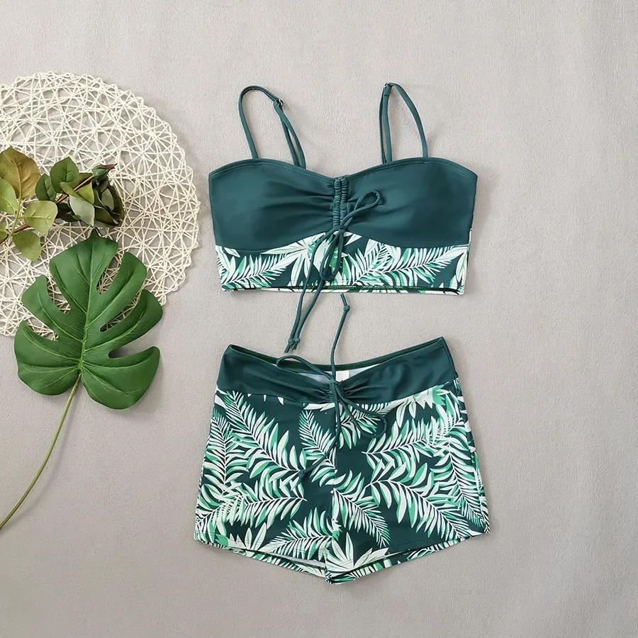 Сексуальный жилет с принтом листьев на шнурке комплекты бикини и шорт купальники