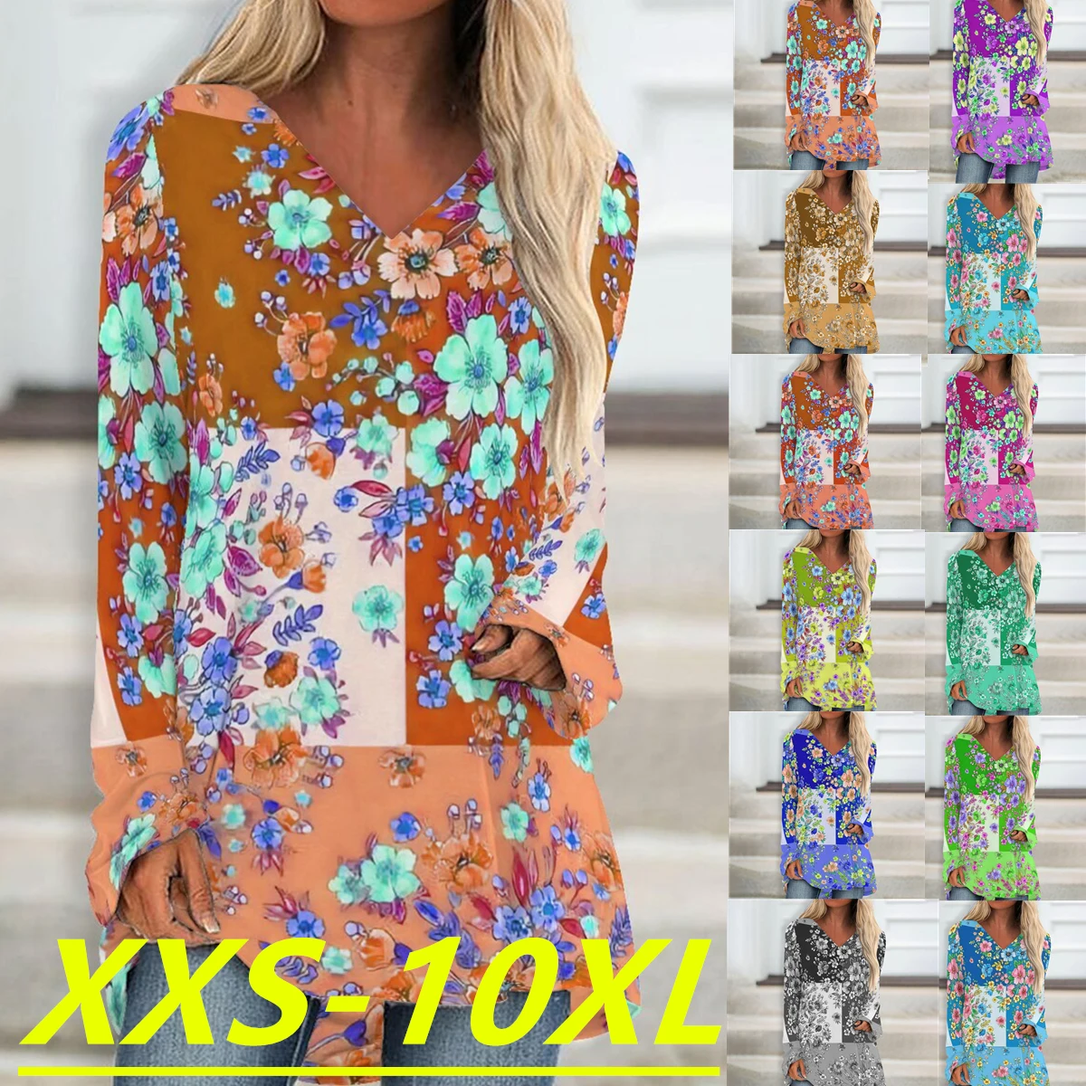

Autumn/Winter 2022 Fashion Women's Geometric Print V-Neck Long Sleeve Casual Plus Size Top XXS-10XL