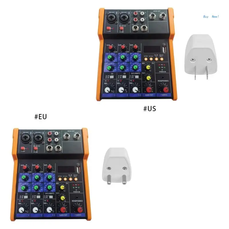 

4-channel Sound Mixer DJ Mixing Console with 48V USB Sound Card Bluetooth-compatible 48V Phantom Power for Record Sing