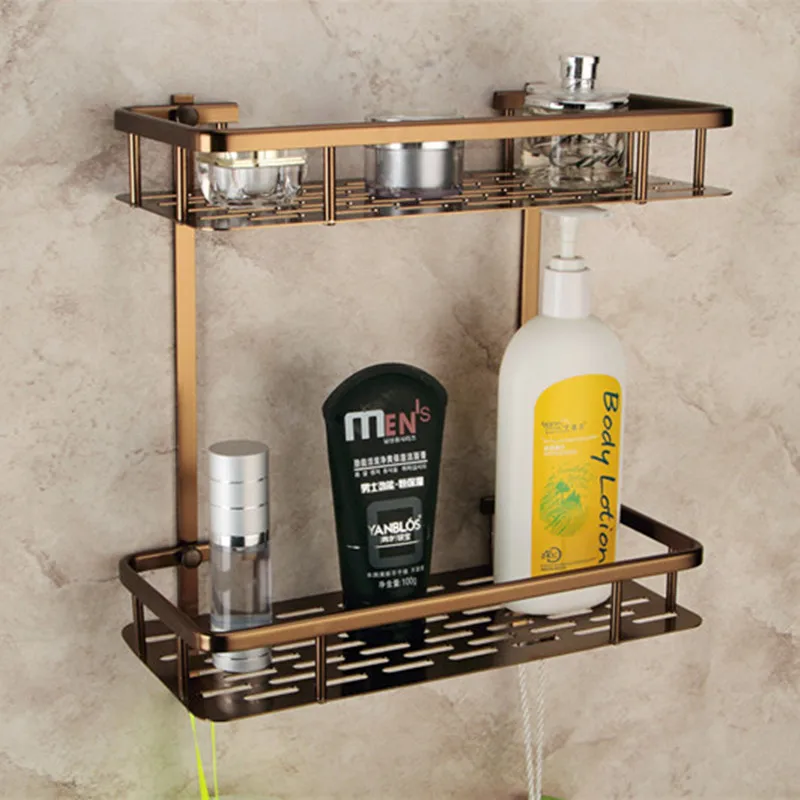 

Antique Space aluminum Bronze Bathroom Shelf Double Layer Square Silver Corner Basket Bathroom Accessories Products