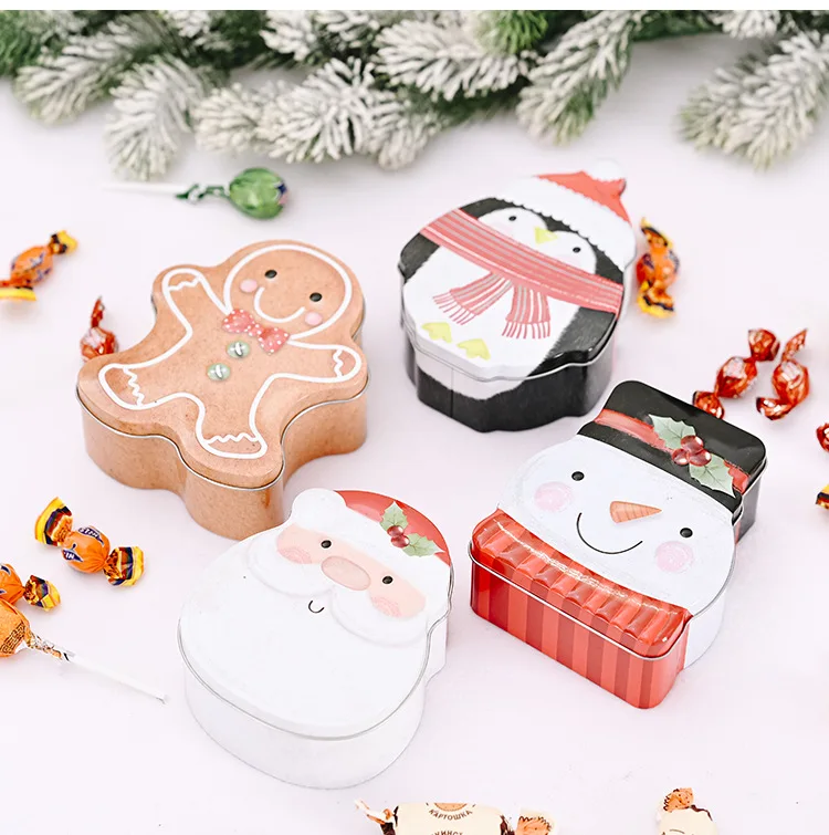 

4pcs Iron Gift box Xmas Cute Snowman Sante Cookieman Peguin design Candy boxes festival surprise for Office Team friends family