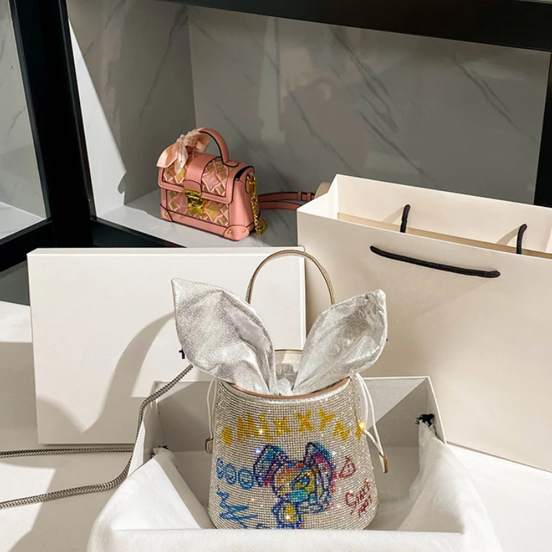 Fashion Rhinestone Handbags for Women 2023 Designer Luxury Sac a main Femme Sparkle Mini Bucket Shoulder Ladies Hand Bags