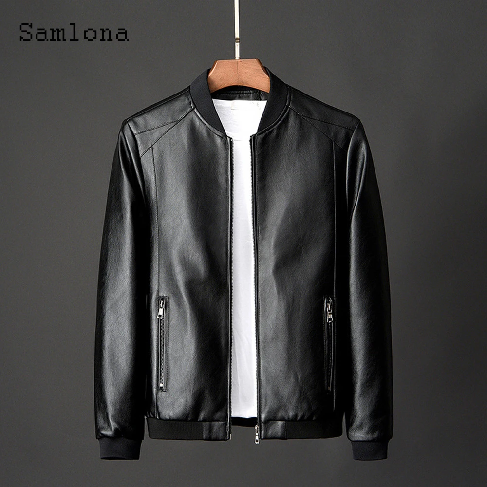 

Samlona Mens Pu Leather Jackets 2022 Autumn New Casual Motorcycle Jacket Biker Sexy Faux Leather Coats Pocket Zipper Overcoats