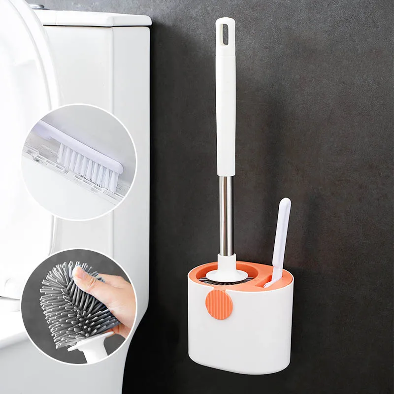 

Wall Mounted Drain White Silicone Toilet Brush with Holder Set Long Handled Round TPR Cleaner Brushes Wc Bathroom Accessories