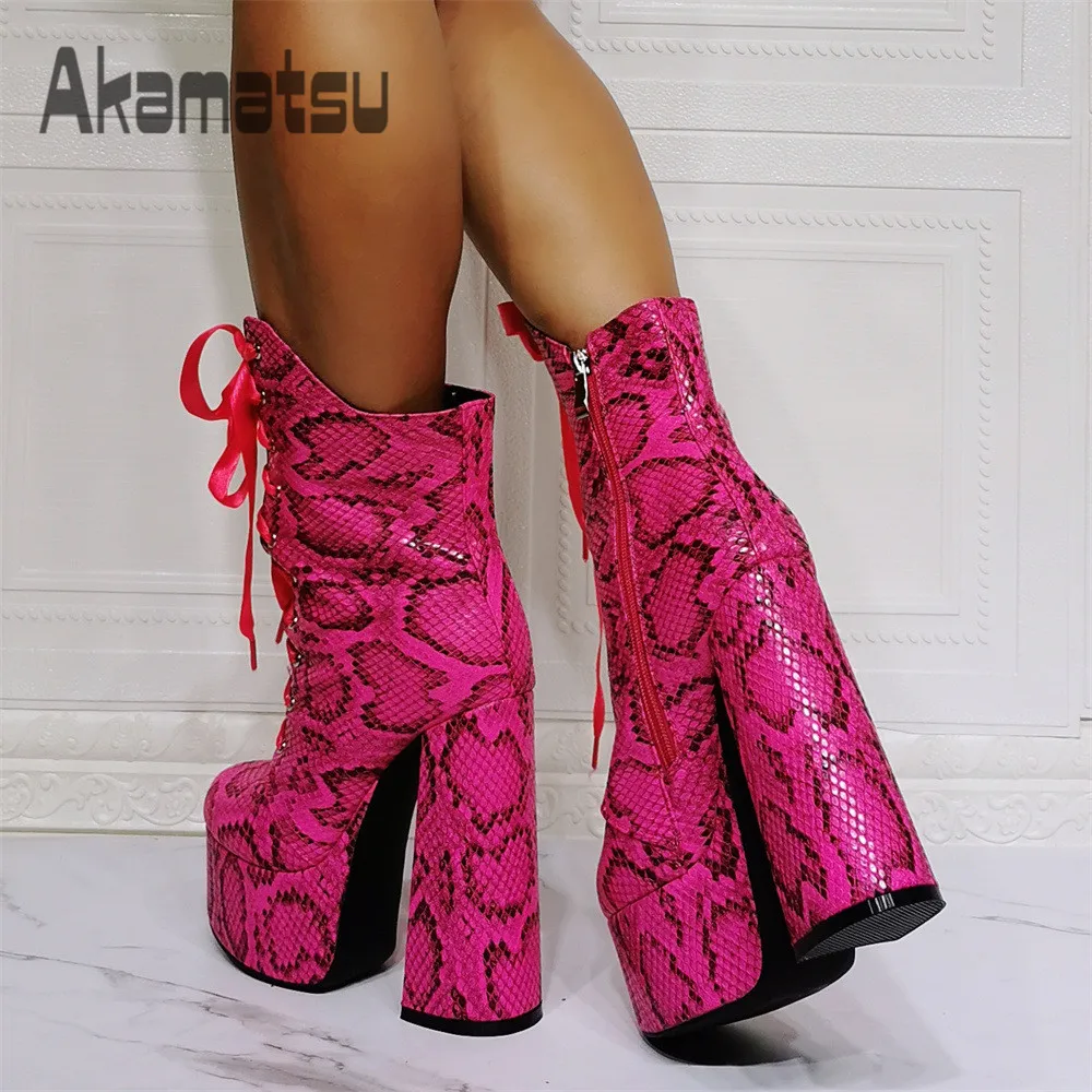 Lace-Up Magenta Snake Pattern Boots Thick Heel High Heel Platform Side Zipper Women's Fashion Shoes Large Size 36-47