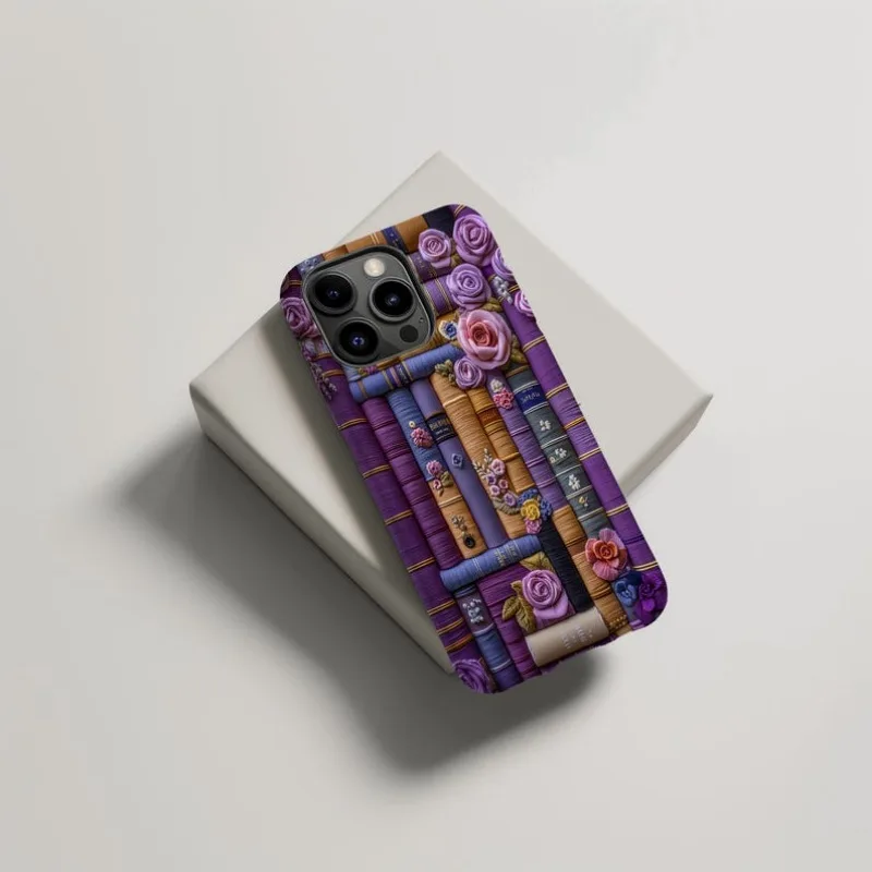 Фиолетовый винтажный чехол с книжной полкой и цветочным принтом для iPhone 16 15 14 13 12