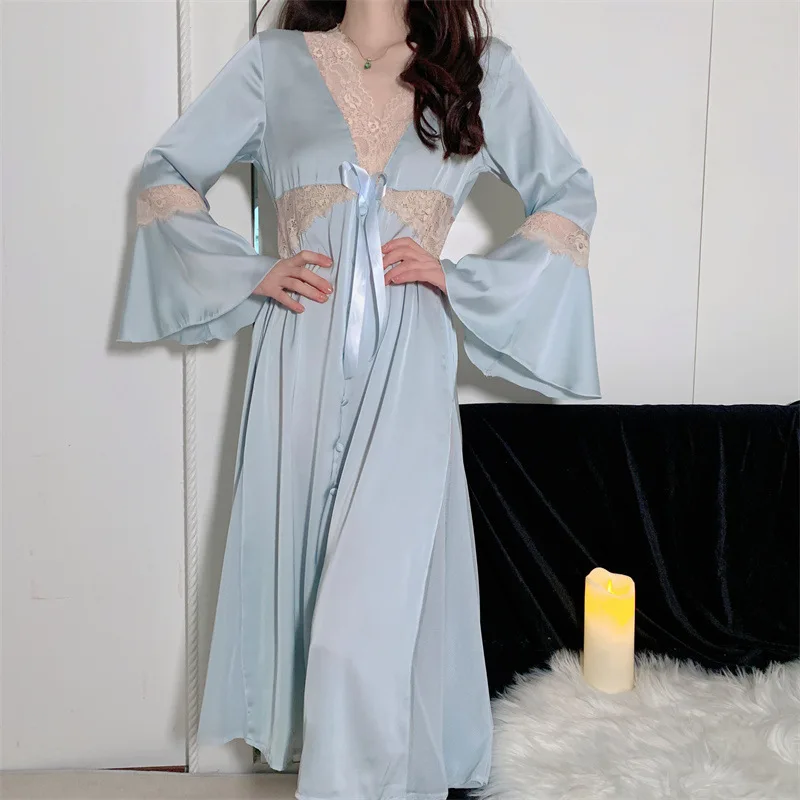 Vintage Long Sleeve Silk Dressing Gown Women Rayon Sexy Sleepwear Lace Princess Nightgowns Wedding Party Dresses Silk Nightdress