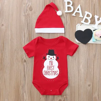 My First Christmas Baby Xmas Set Romper+Hat Christmas 2PCS Cartoon Outfit Set Snowman Print Toddler Baby Letter Girls Outfits 1