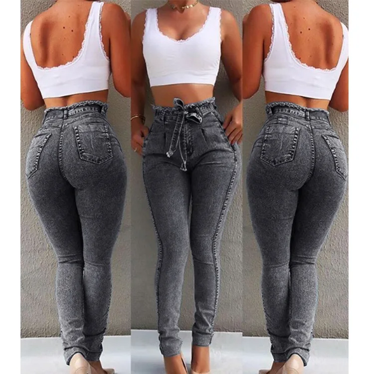

2022Spring Fall Slim Fit Stretch Tassel Belt High Waist Jeans Women Multi-Pocket Plus Size Pencil Pants Ins Hot Selling Trousers