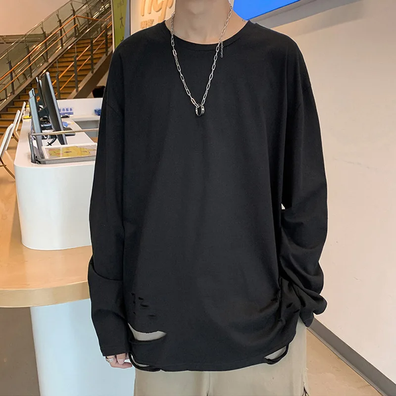 Футболка мужская с отверстиями в стиле хип-хоп однотонная Модная рубашка