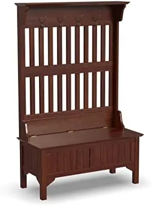 

Finish Hall Tree and Storage Bench with Asian Hardwood Solids, Multi-step Warm Cherry Finish, Sitting Bench with Storage, and Fo
