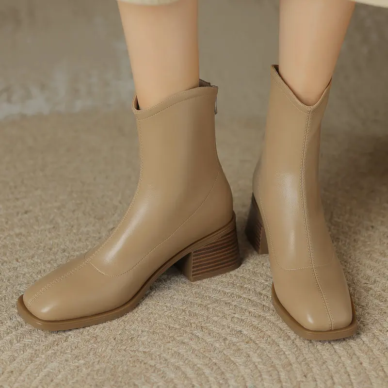 

2024 New Genuine Leather Ladies Casual Dress Ankle Boots 5cm High Heels Spring Autumn Shoes Woman Size 34-41