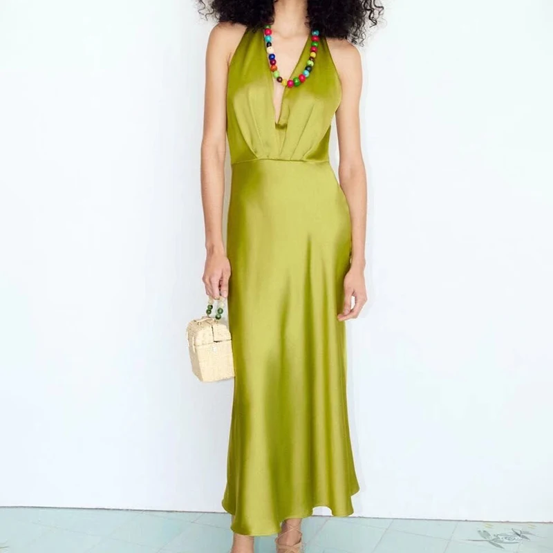 

2022 Summer Women Fashion Silk Satin Texture Solid Color Slip Dress Sexy Sleeveless Halterneck Collar Backless Long Dress QJ8525