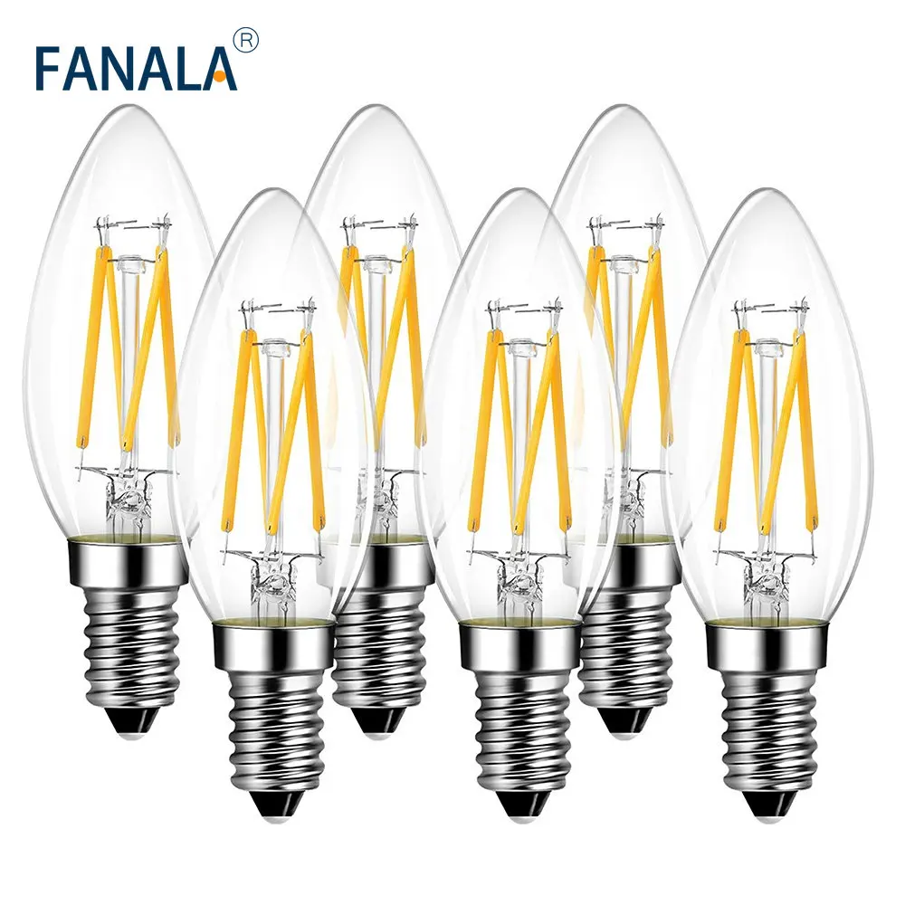 E14 4W Lamp Filament LED Candelabra Light Bulb  40W Replacement 2700K Warm/Cold White Matt 400lm Antique Candle Shape 6Pack