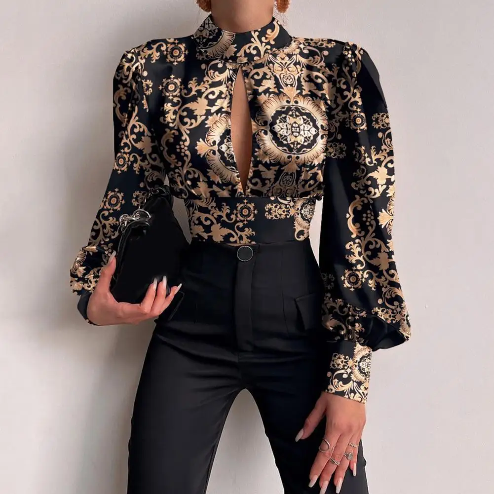 

Printing Lady Shirt Pullover Loose Fit Hollow Design Shirt Top for Dating