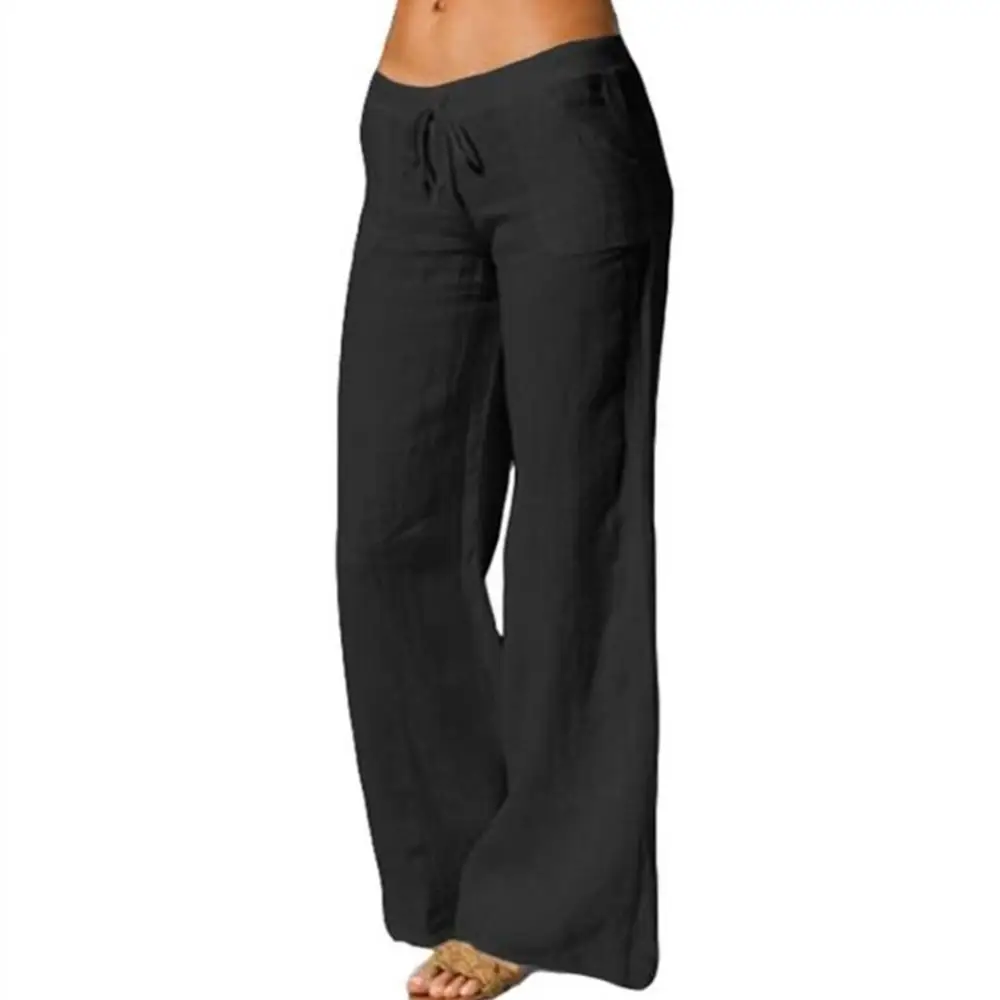 Pants Elastic Women Solid Color Drawstring Trousers Wide Leg Pockets Long Yoga Trousers