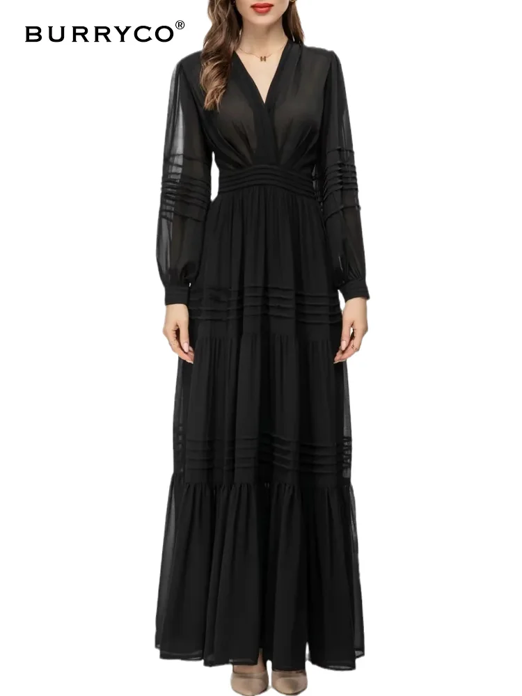 

BURRYCO Summer 2023 Women's Commuter Europe Station New Ruffle Edge Large Swing V-neck Long Sleeve Waist Wrap Fashion Dress