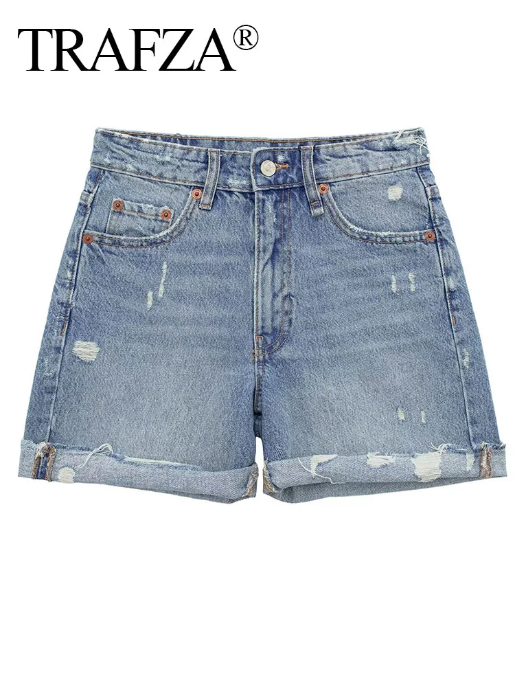 

TRAFZA Woman New Jean Shorts Women Mid Rise Bermuda Shorts Summer Denim Shorts for Women Streetwear Ripped Chic Women's Shorts