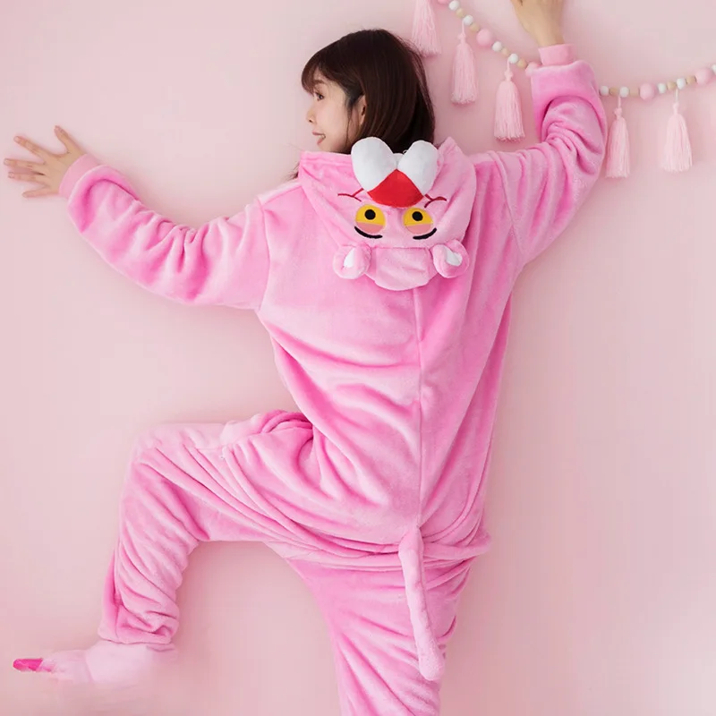 Pink Sweet Onesies Adult Animal Cosplay One Piece Pajamas Homewear Flannel Warm Sleepwear Jumpsuit Costume for Women Girls Teens