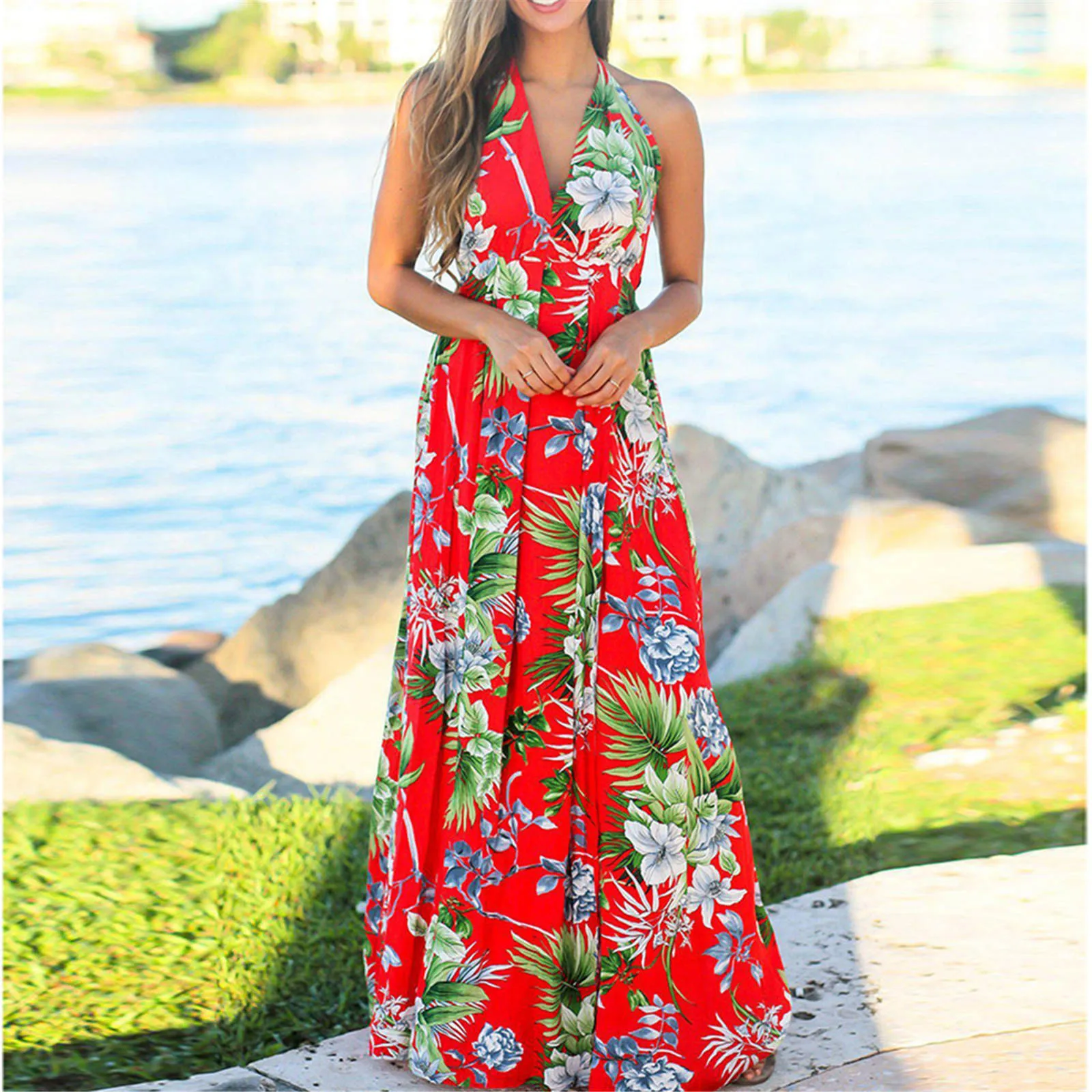 

Летнее Длинное Платье в стиле бохо с цветочным принтом, женское сексуальное Макси-Платье с открытой спиной и перекрестной завязкой на шее, м...