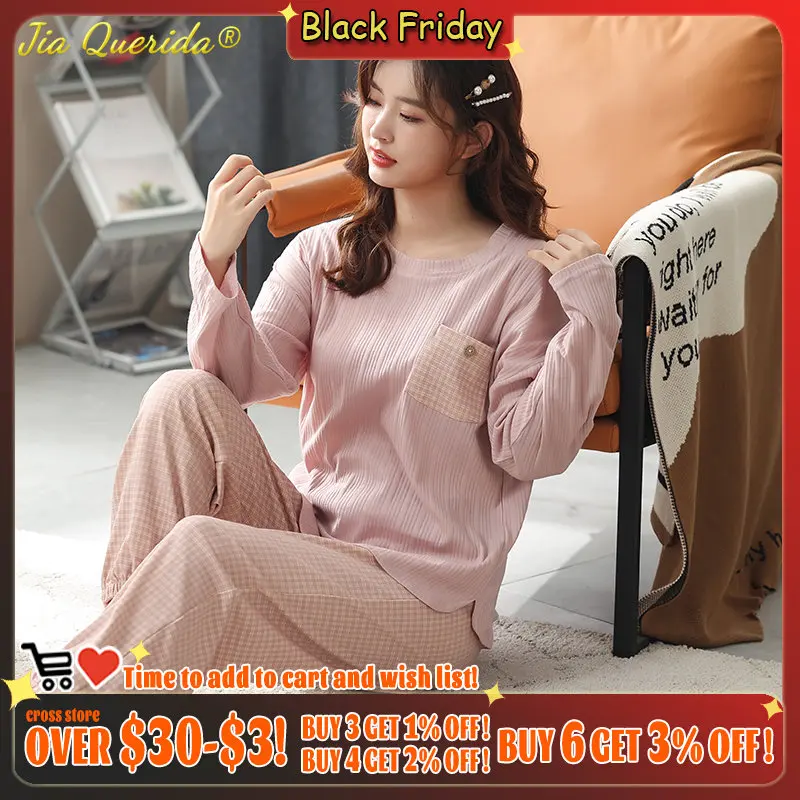 

Новые модные пижамы весна осень зима розовый круглый воротник M-3XL одежда для дома клетчатые брюки повседневные свободные пижамы для молоды...