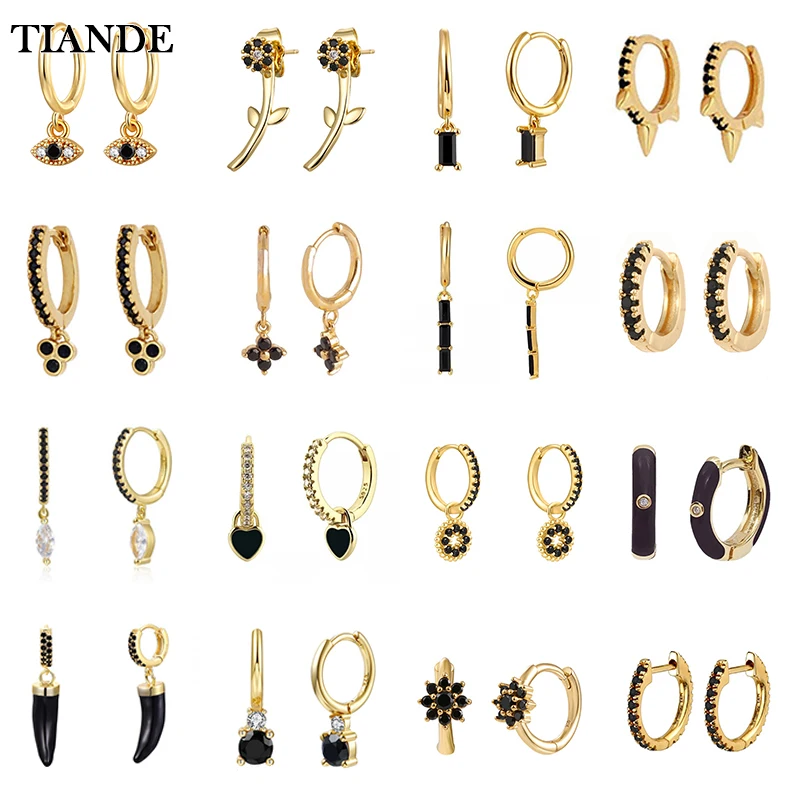 TIANDE Black CZ Zircon Hoop Drop Earrings for Women Silver Color Gold Plated Women's Stud Dangle Earrings 2022 Jewelry Wholesale