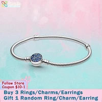 smuxin 925 sterling silver moments sparkling blue disc clasp snake bracelet friendship bangles for women jewelry gift
