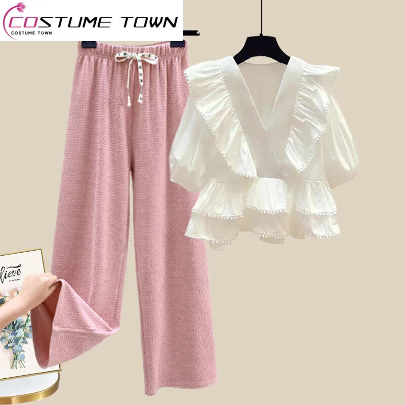

Large Women's Spring Set Women's 2023 New Skin Covering Slim Ruffle Edge Shirt Casual Pants Sweet Women's Two Piece Set