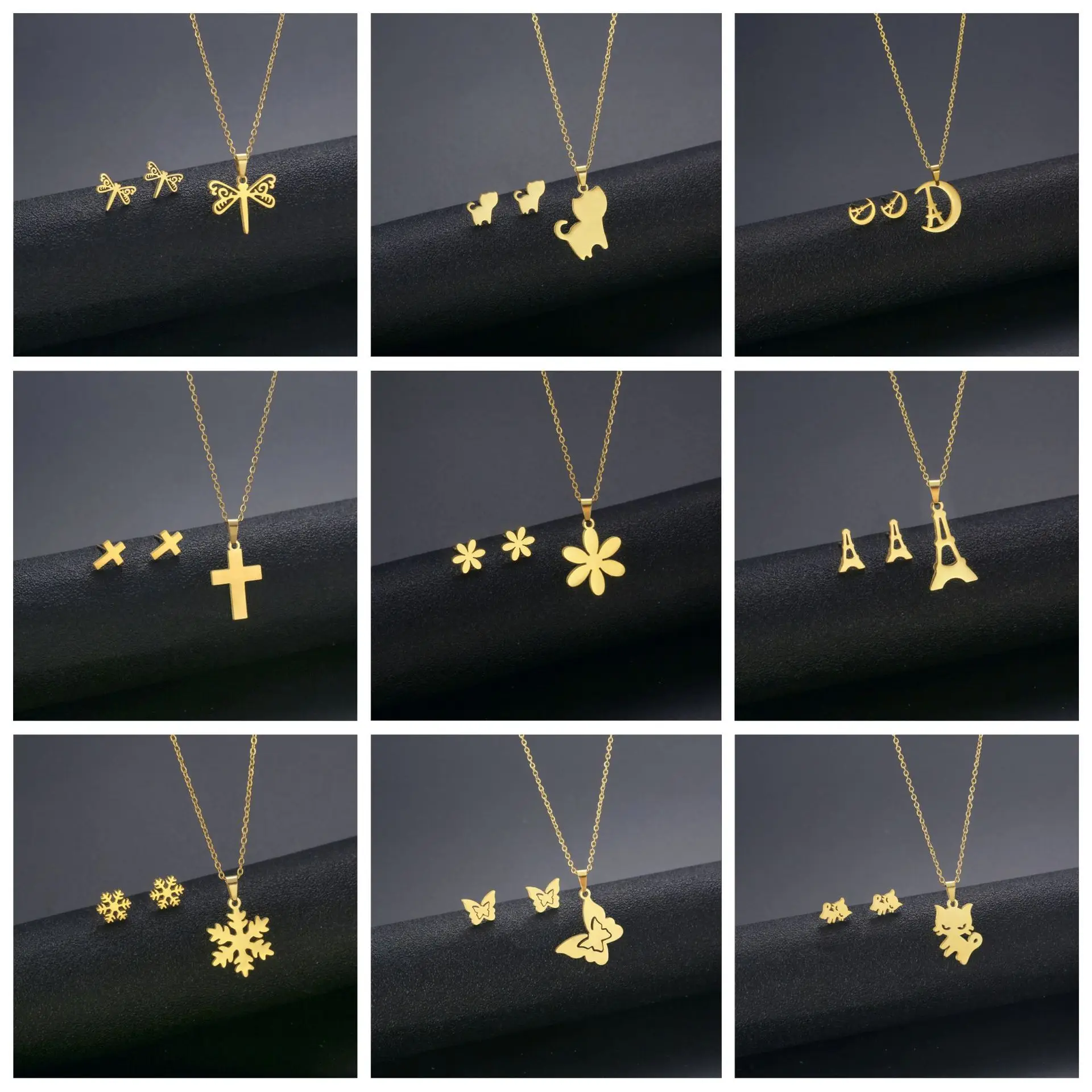 

Crown Flower Animals Stainless Steel Jewelry Sets for Women Butterfly Fish Dragonfly Necklace Earring Set Jewelry Set