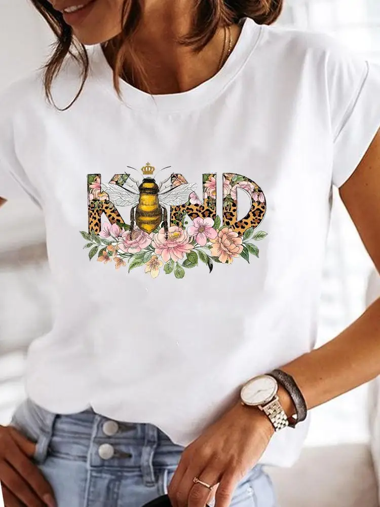 

Print Fashion Casual Bee Flower Letter Cute Clothes T-shirts Women Female Summer T Clothing Ladies Short Sleeve Graphic Tee